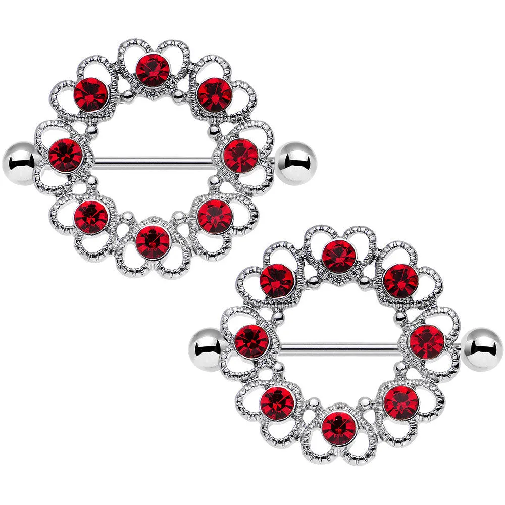 14 Gauge 1 1/16 Red Gem Daring Little Devil Halo Heart Nipple Shield Set