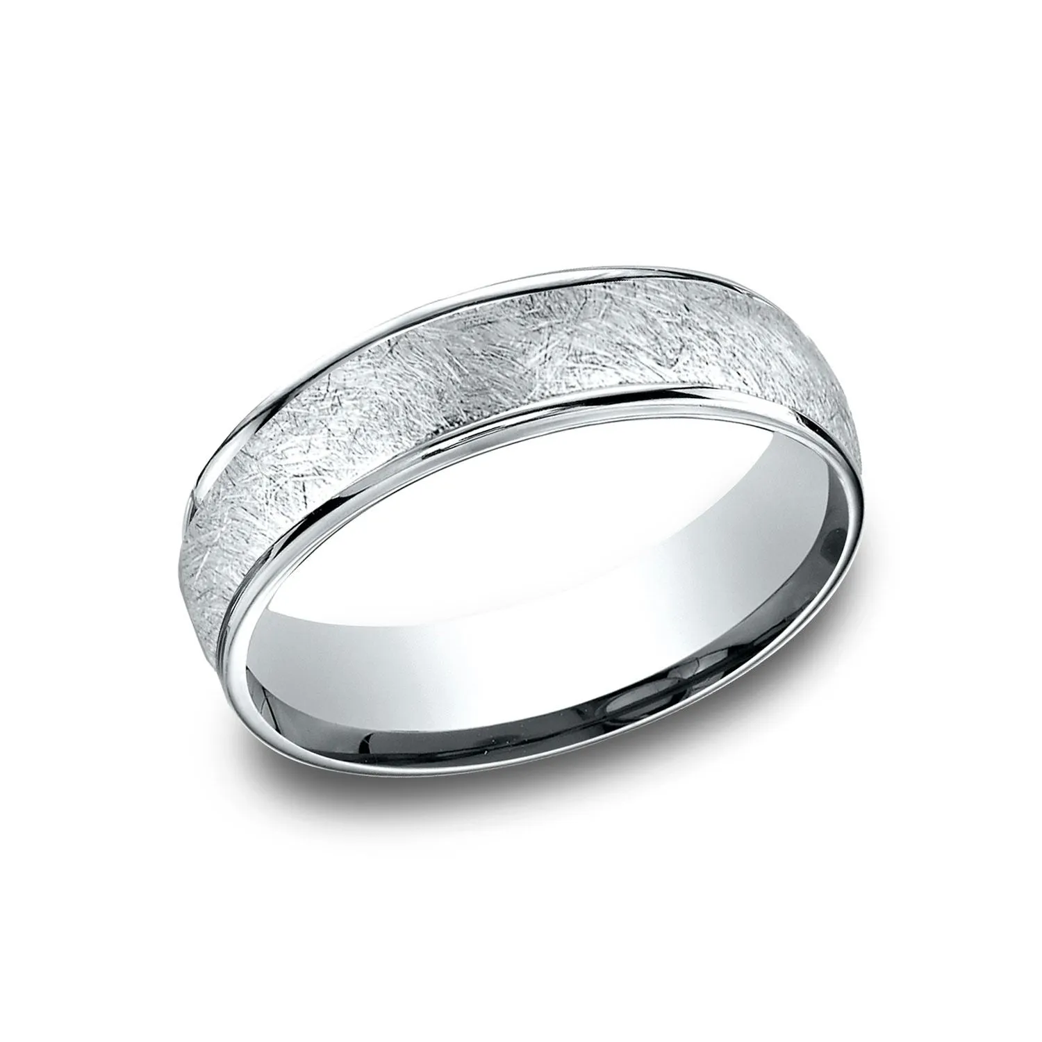 14 Karat White Gold 6.5mm Comfort-fit Round Edge Swirl Finish Design Band