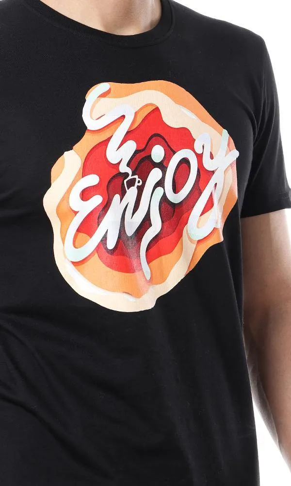 57496 Colorful "Enjoy" Print Black Summer T-Shirt