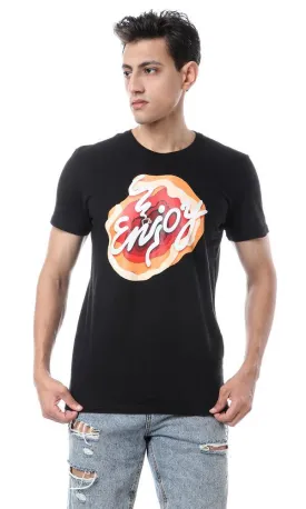 57496 Colorful "Enjoy" Print Black Summer T-Shirt