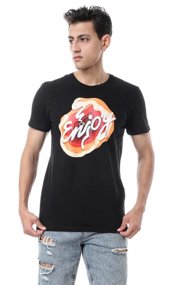 57496 Colorful "Enjoy" Print Black Summer T-Shirt