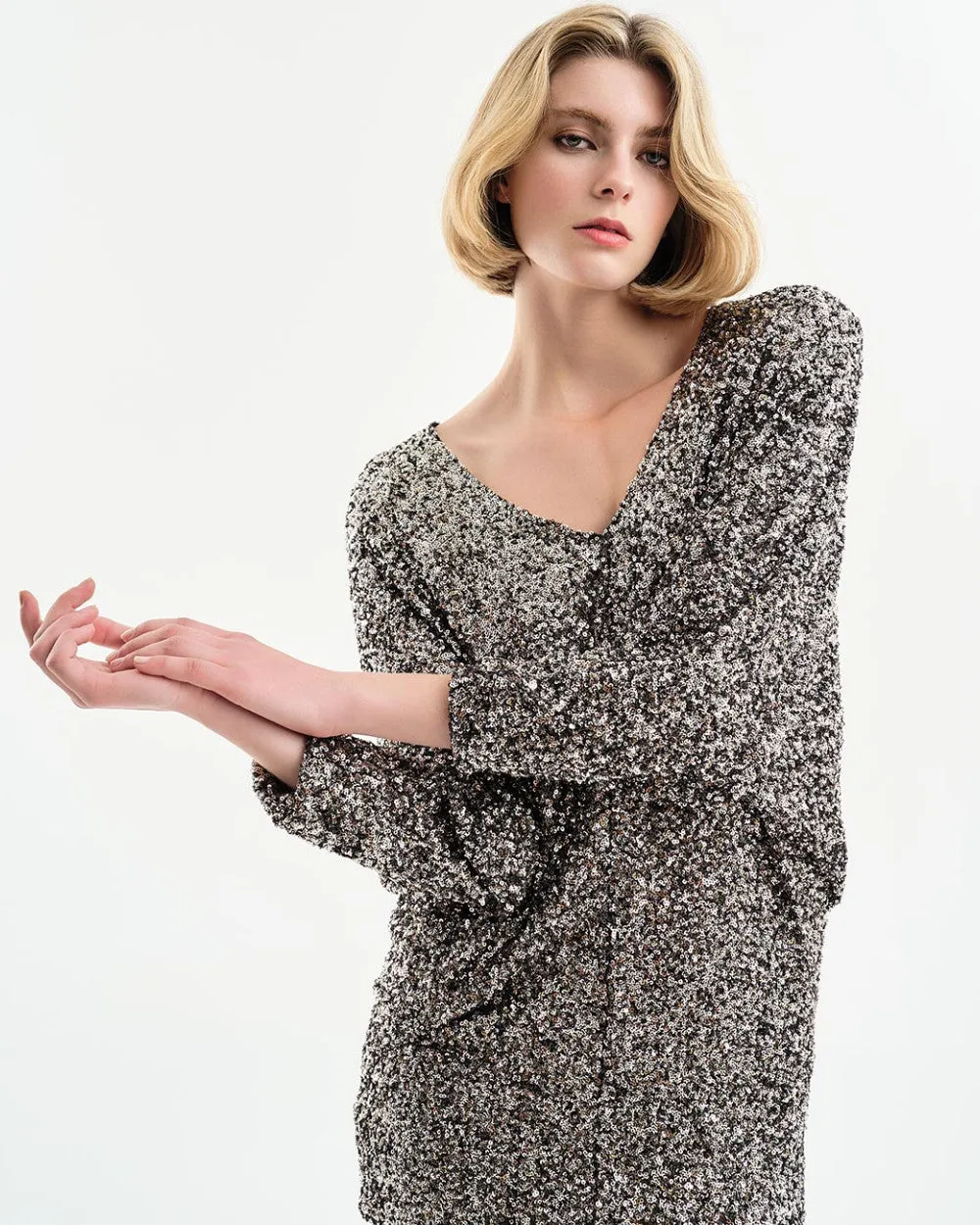 Access Fashion Silver Sequin Dress With V Neckline