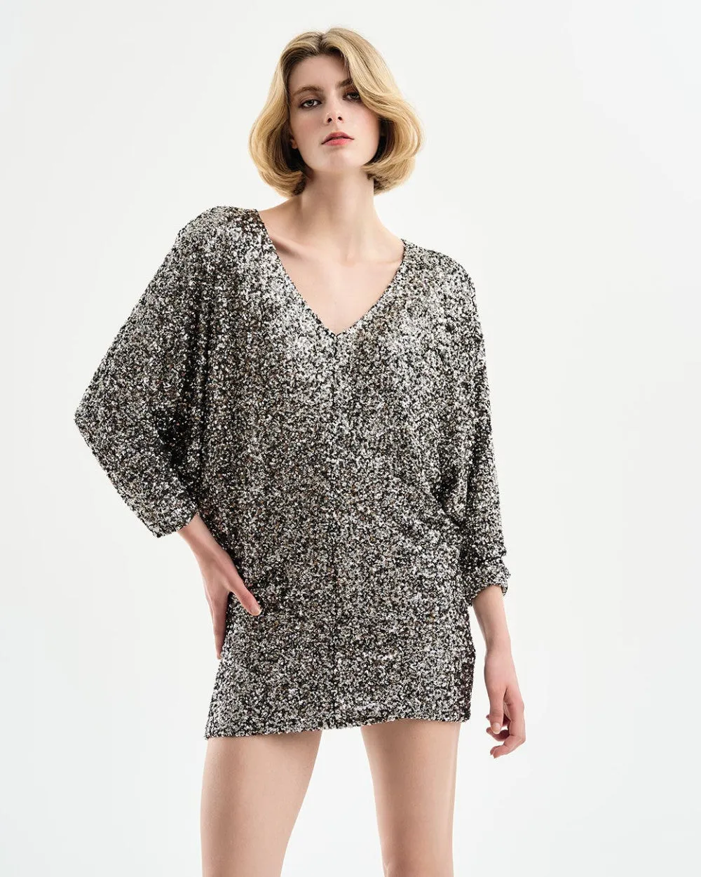 Access Fashion Silver Sequin Dress With V Neckline