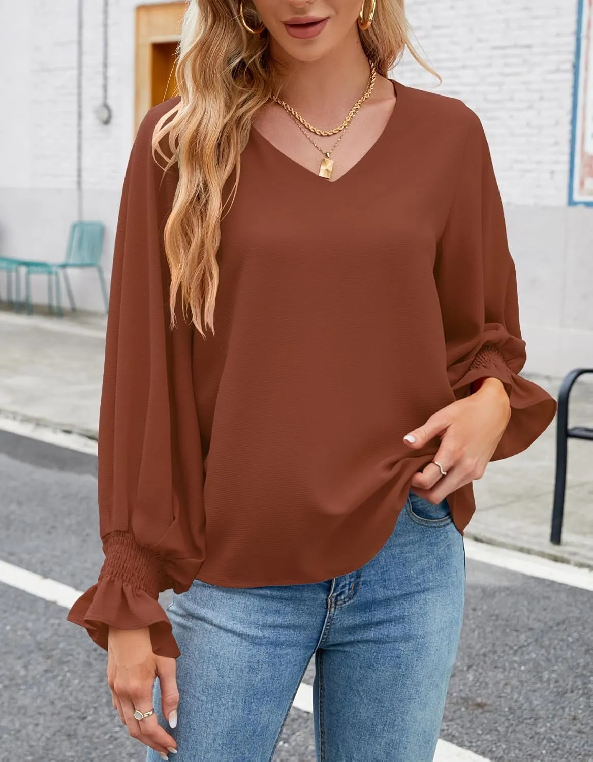 Aifer Womens Blouses Dressy Casual Tops V Neck Ruffle Balloon Long Sleeve Shirts Elegant Business Casual Outifts
