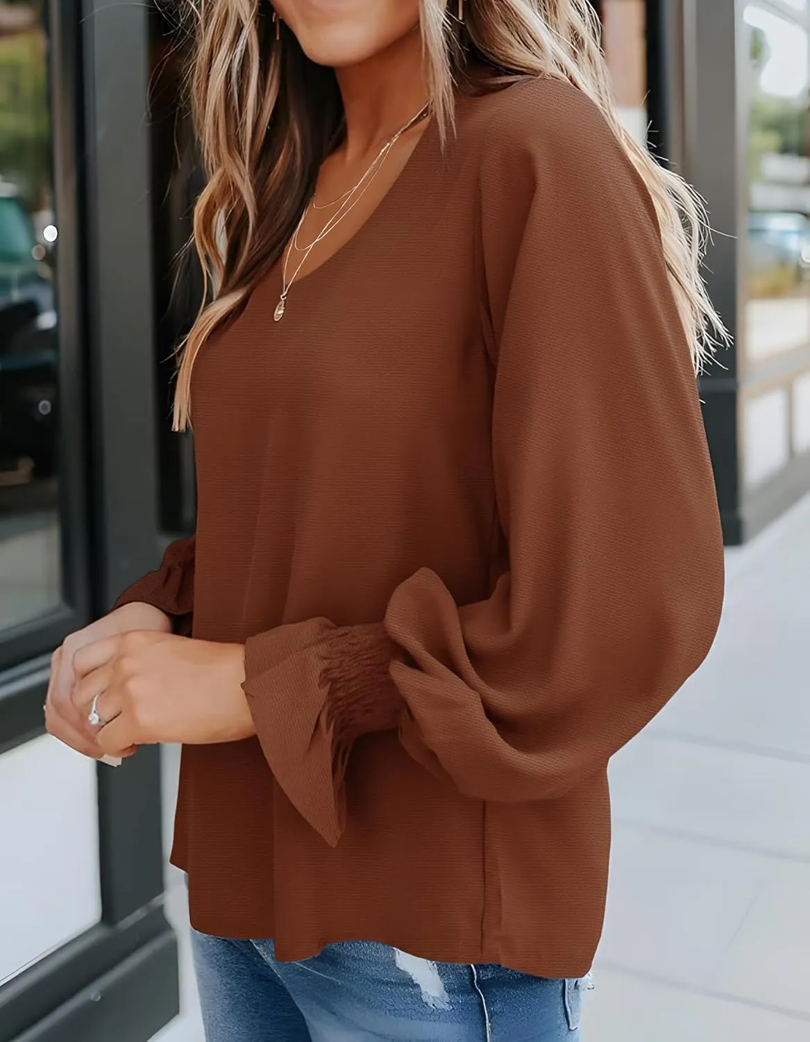 Aifer Womens Blouses Dressy Casual Tops V Neck Ruffle Balloon Long Sleeve Shirts Elegant Business Casual Outifts
