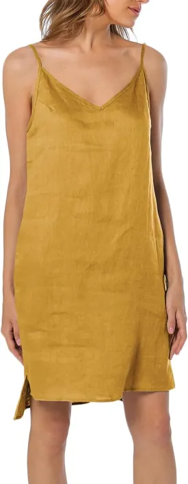 Amazhiyu 100% Linen V Neck Spaghetti Strap Sleeveless Summer Dresses with Slit