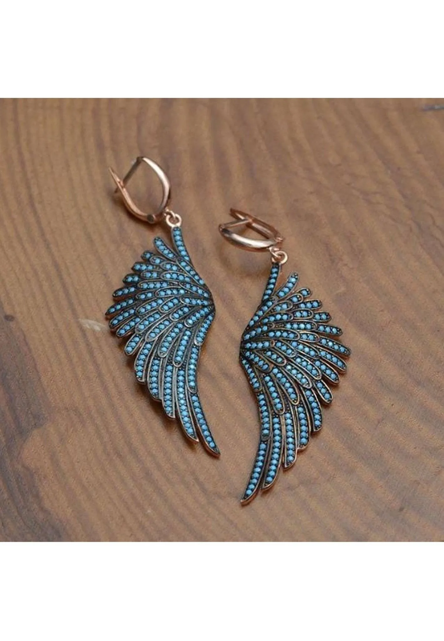 Angel Wing Drop Earrings Rosegold Turquoise Blue