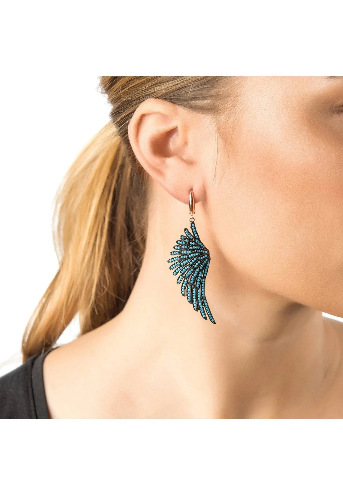 Angel Wing Drop Earrings Rosegold Turquoise Blue
