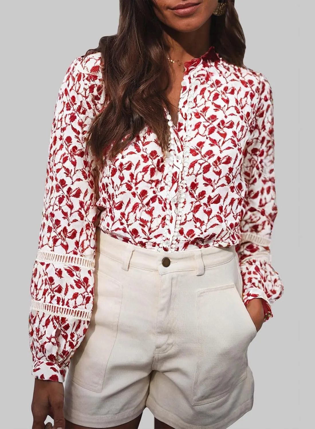 Astylish Womens Floral Printed Mock Neck Shirt Button Down Eyelet Blouse Tops