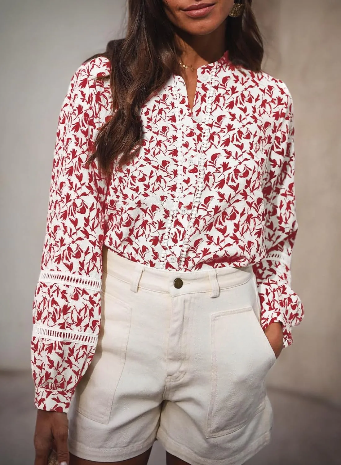 Astylish Womens Floral Printed Mock Neck Shirt Button Down Eyelet Blouse Tops