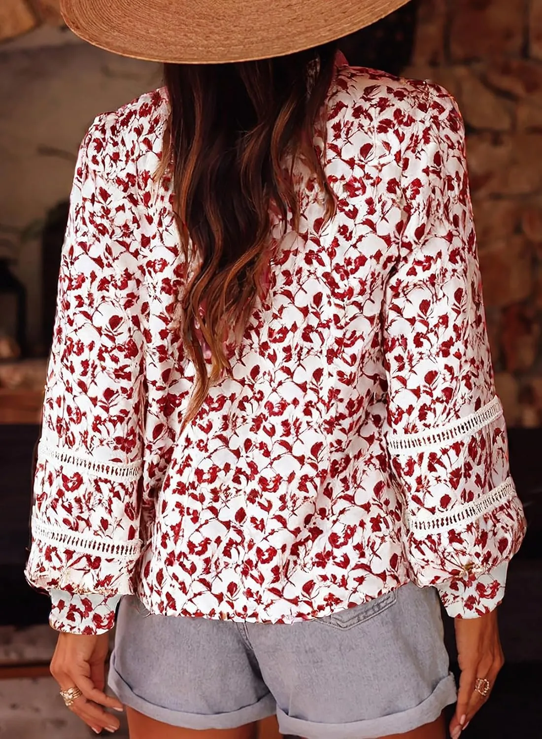 Astylish Womens Floral Printed Mock Neck Shirt Button Down Eyelet Blouse Tops
