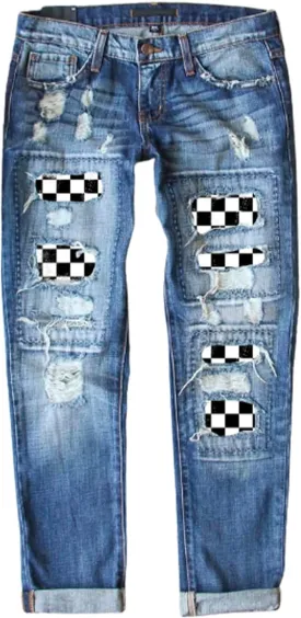 Astylish Womens Soccer Patchwork Destroyed Stretch Loose Boyfriend Jeans Classic Ripped Hole Denim Pants Blue X-Large