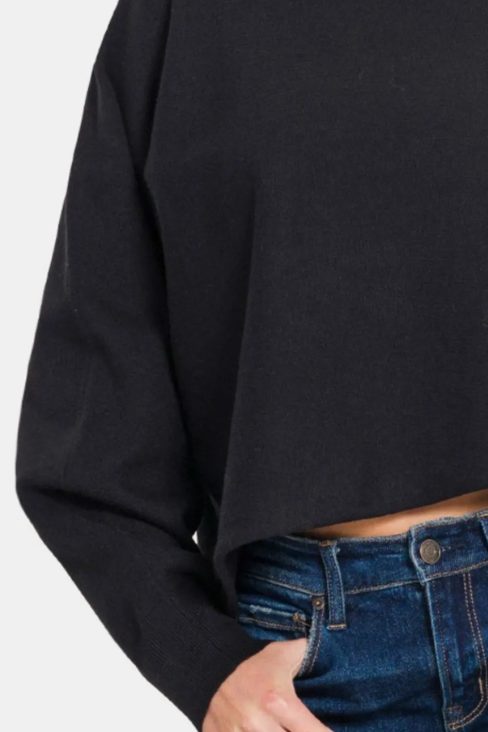Asymmetric Hem Long Sleeve Sweater - Black