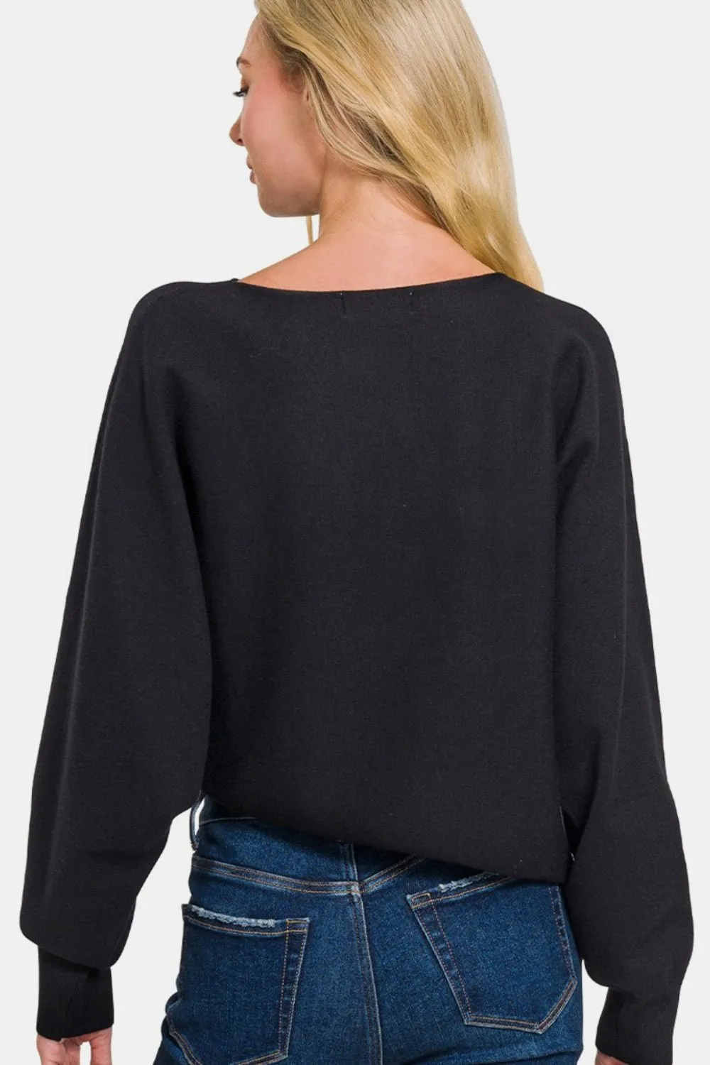 Asymmetric Hem Long Sleeve Sweater - Black