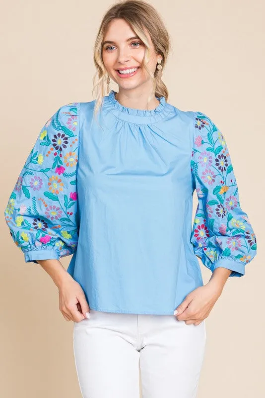 BABY BLUE 3/4 SLEEVES TOP WITH EMBROIDERY AND BUTTON BACK
