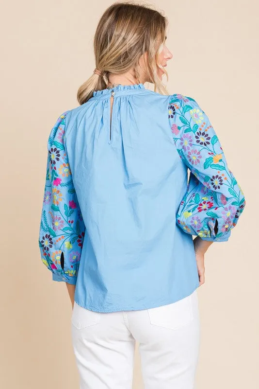 BABY BLUE 3/4 SLEEVES TOP WITH EMBROIDERY AND BUTTON BACK