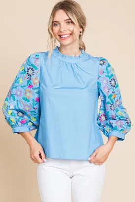 BABY BLUE 3/4 SLEEVES TOP WITH EMBROIDERY AND BUTTON BACK
