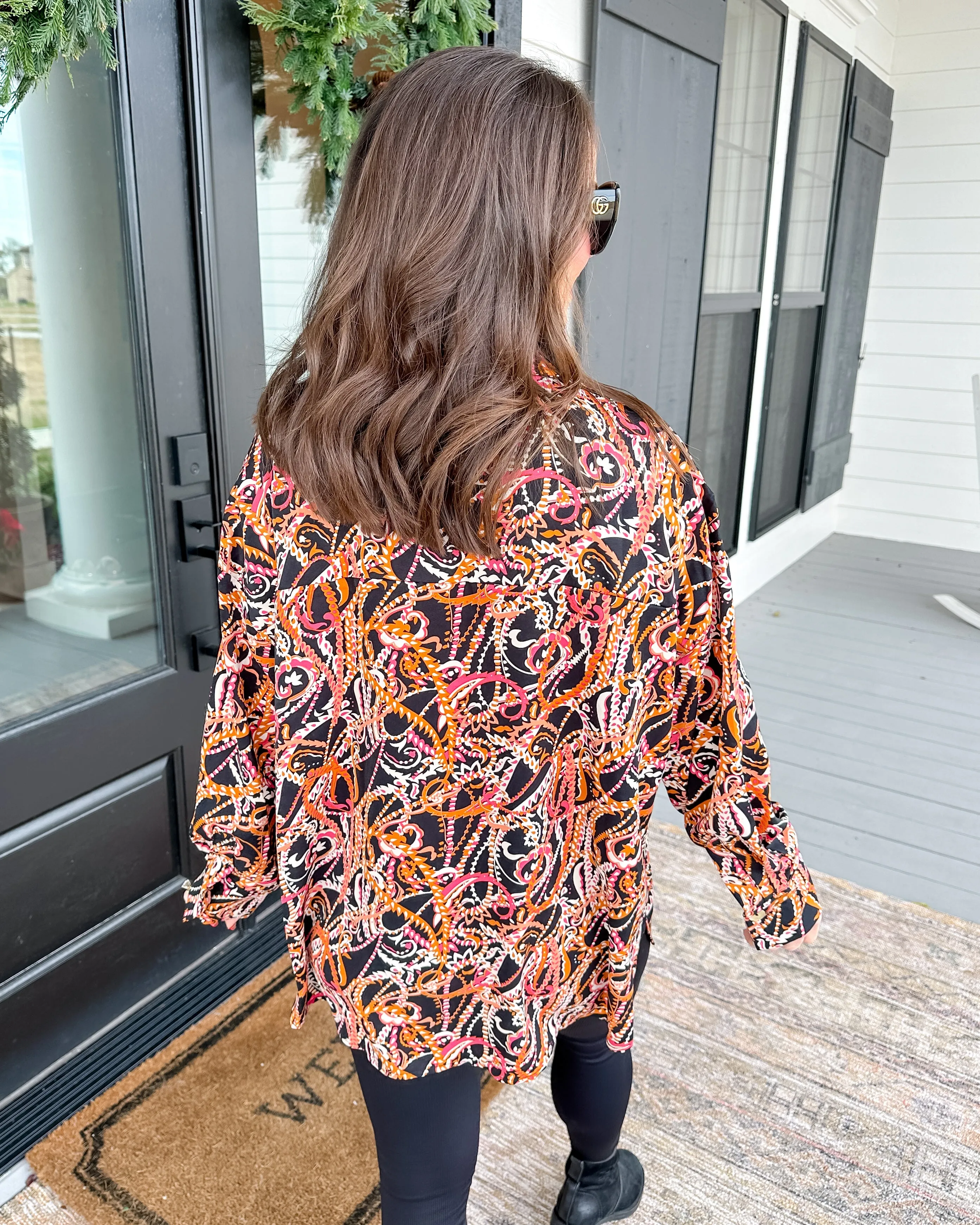 Black Collared Printed Long Sleeve Top