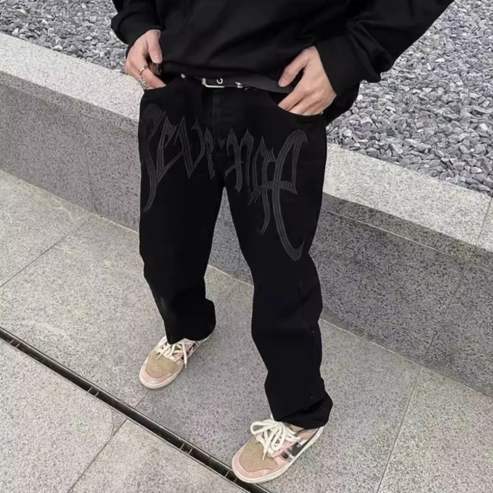 Black Plain Letter Embroidery Straight Jeans