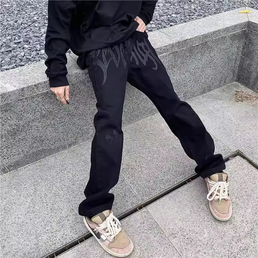 Black Plain Letter Embroidery Straight Jeans