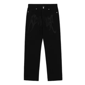 Black Plain Letter Embroidery Straight Jeans