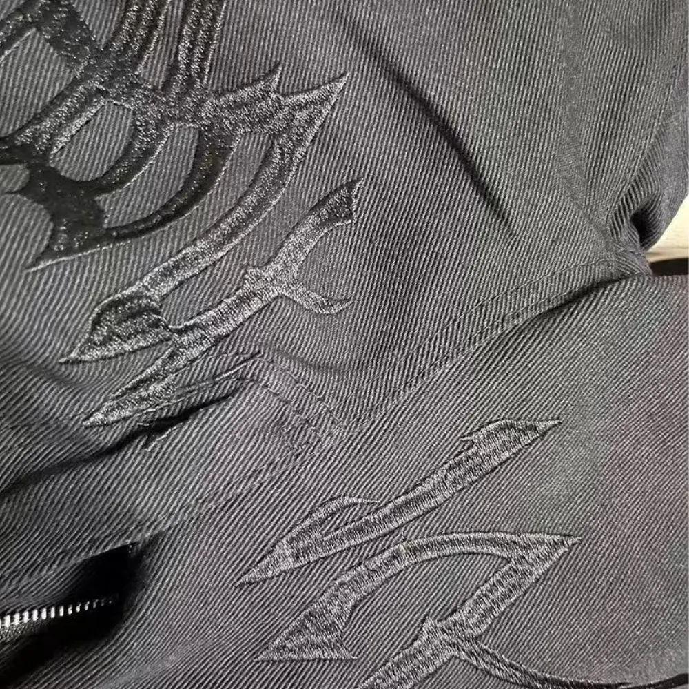 Black Plain Letter Embroidery Straight Jeans