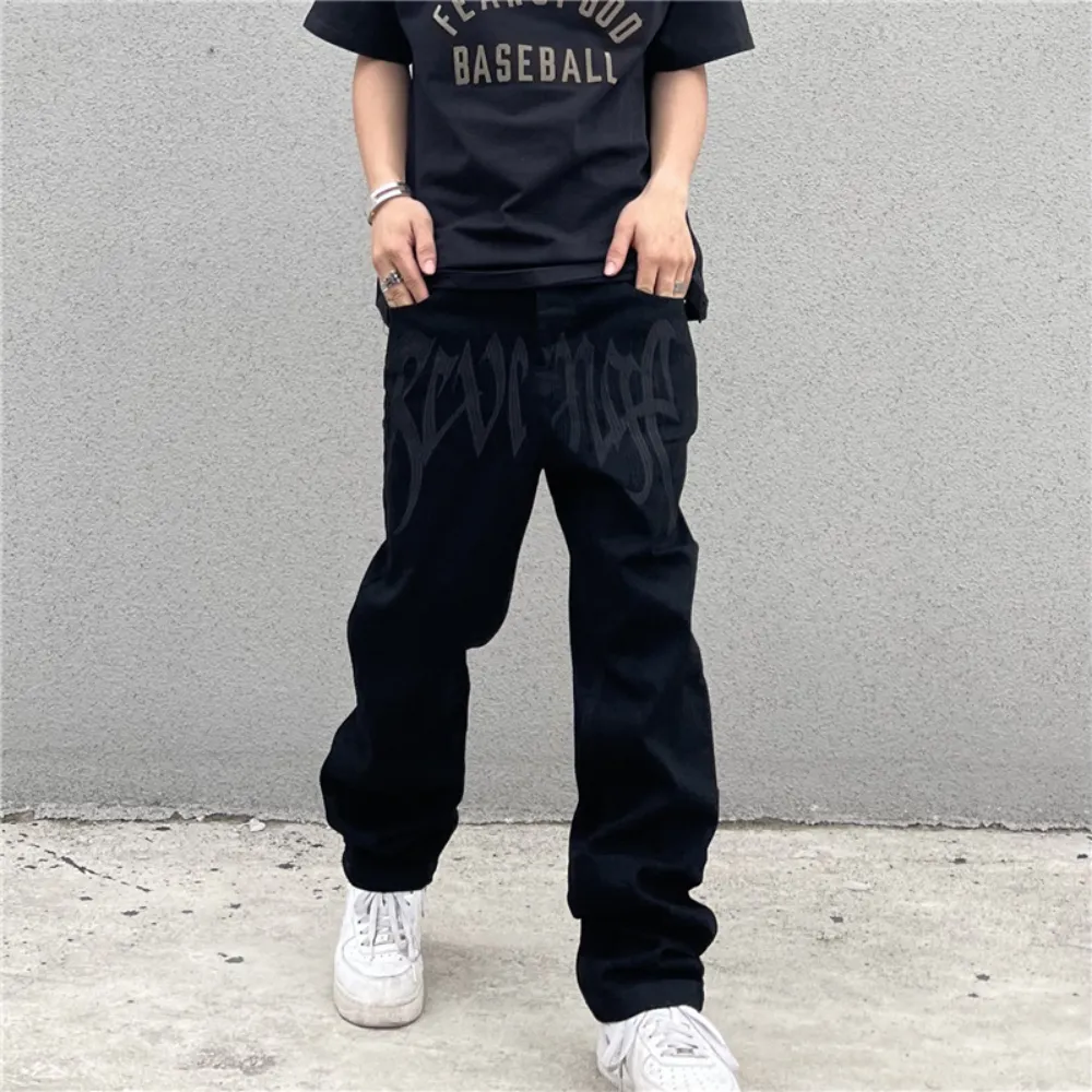 Black Plain Letter Embroidery Straight Jeans