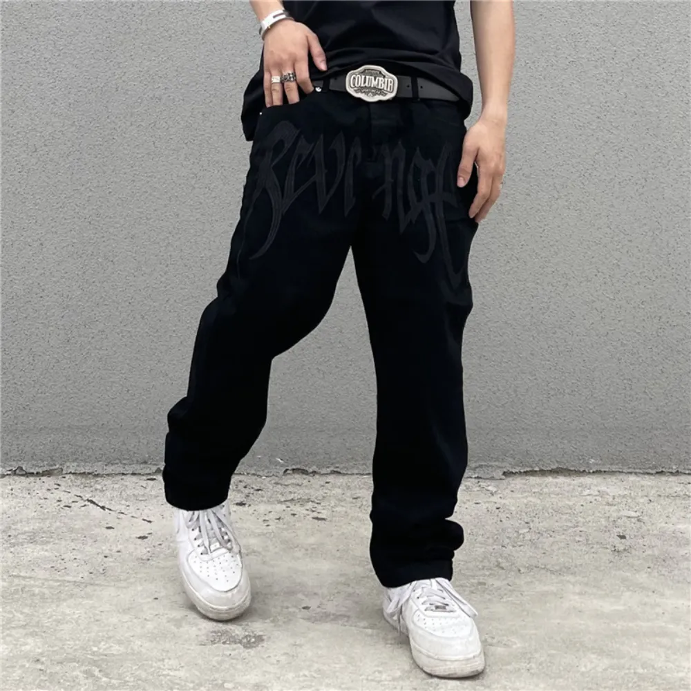 Black Plain Letter Embroidery Straight Jeans