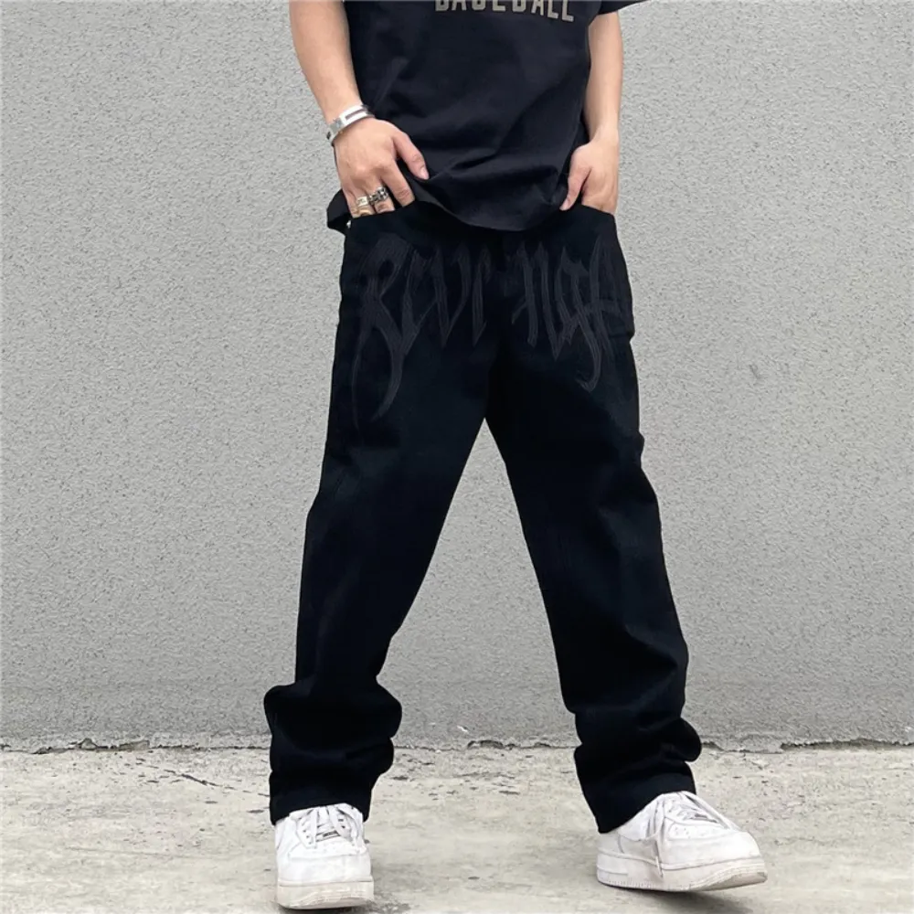Black Plain Letter Embroidery Straight Jeans