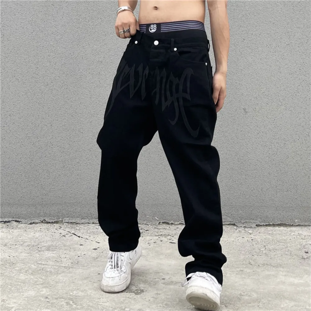 Black Plain Letter Embroidery Straight Jeans