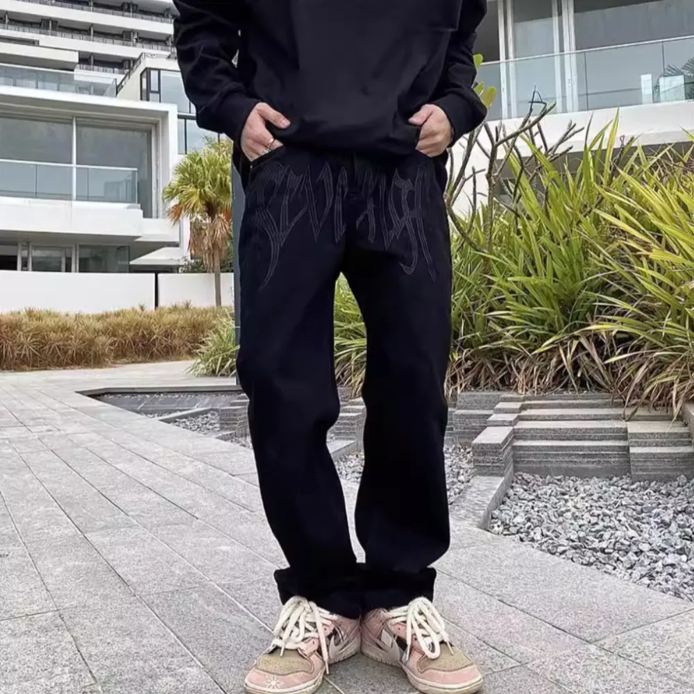 Black Plain Letter Embroidery Straight Jeans