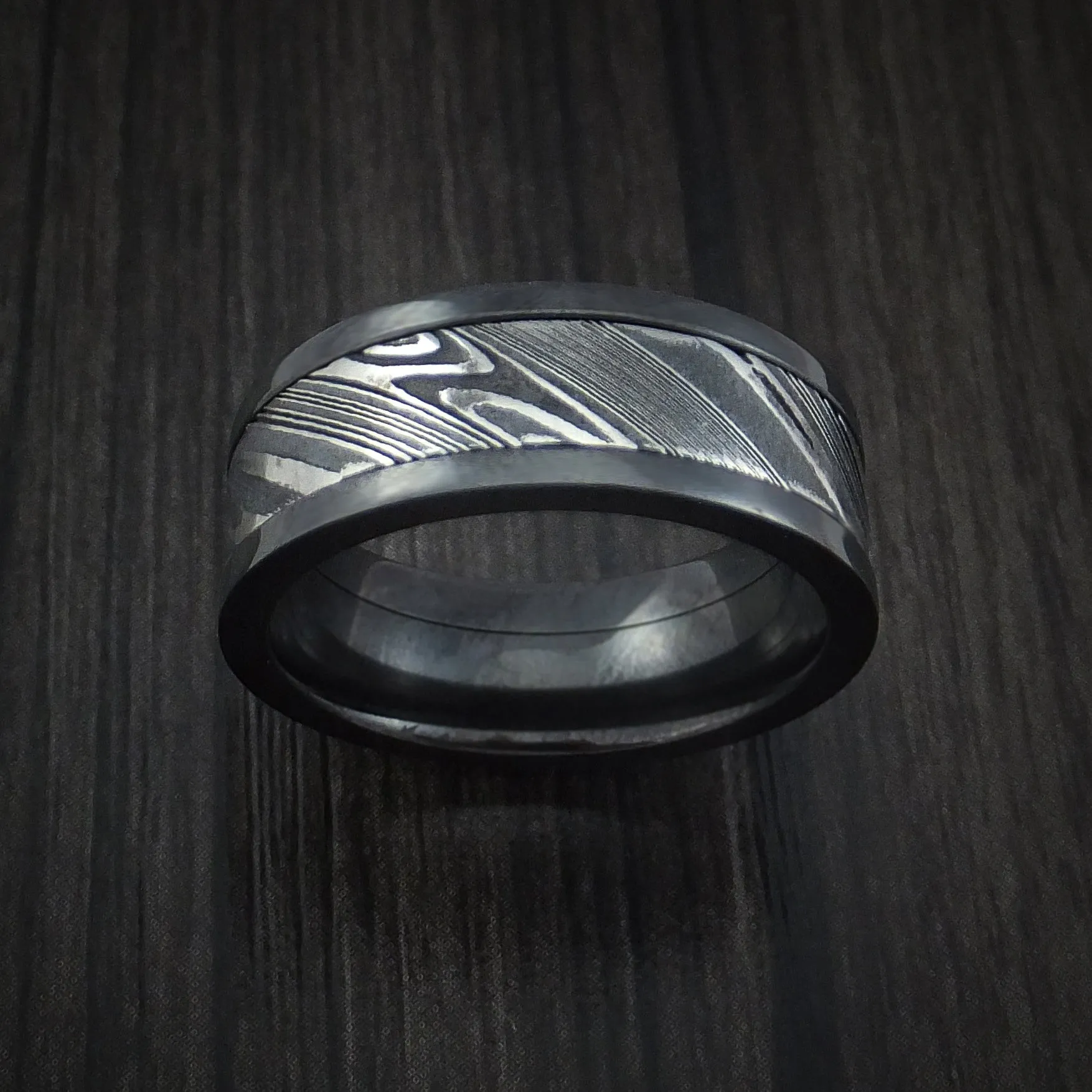 Black Zirconium and Kuro Damascus Steel Band Custom Made Men's Ring