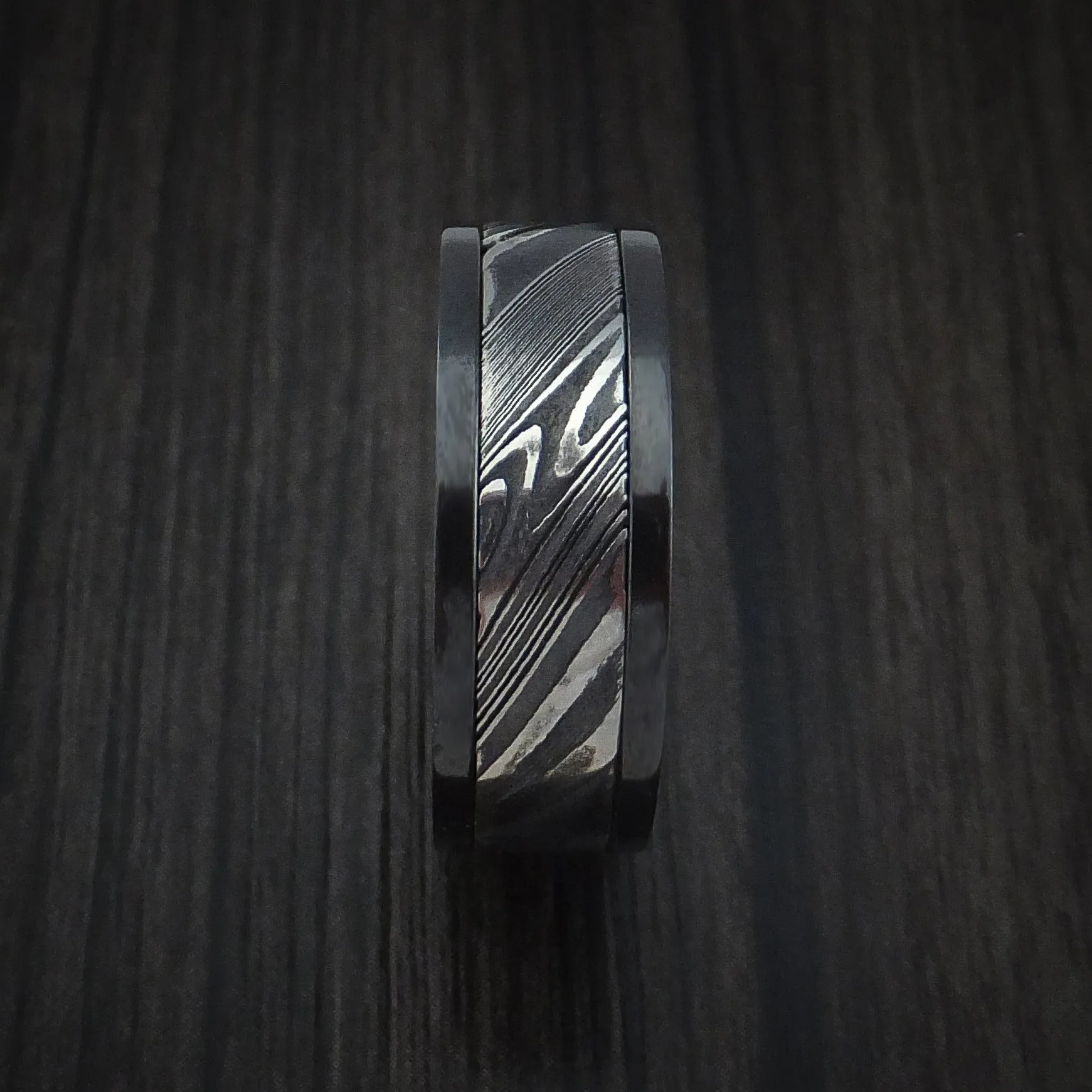 Black Zirconium and Kuro Damascus Steel Band Custom Made Men's Ring
