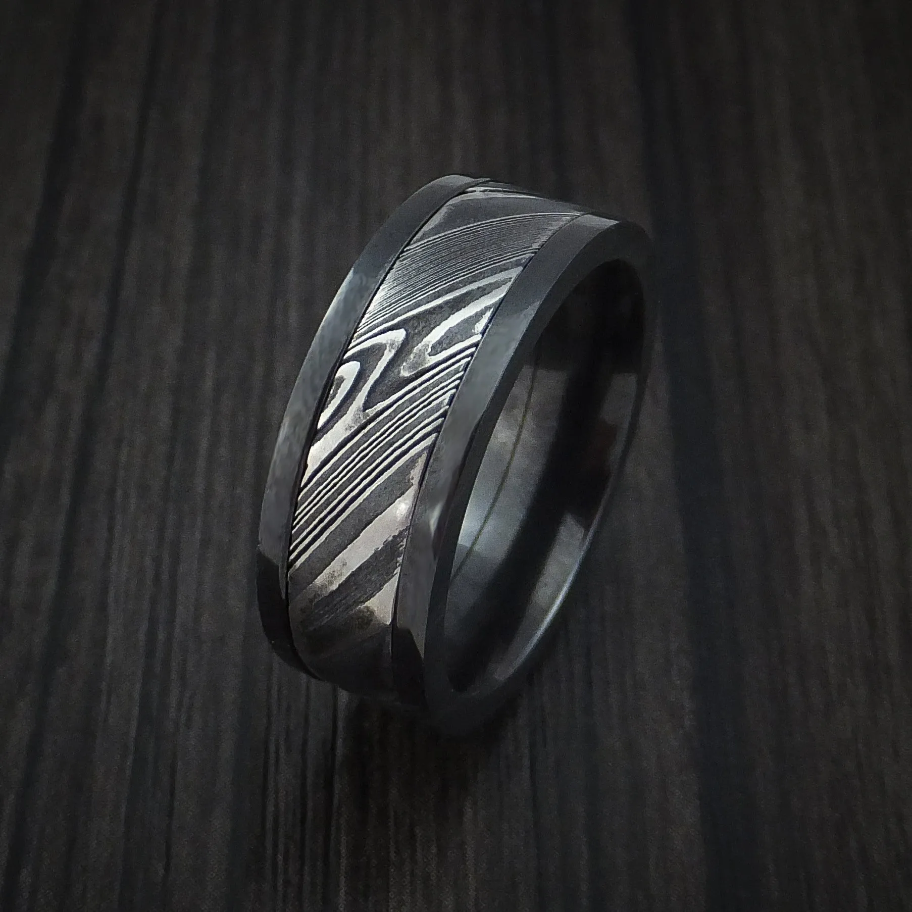Black Zirconium and Kuro Damascus Steel Band Custom Made Men's Ring