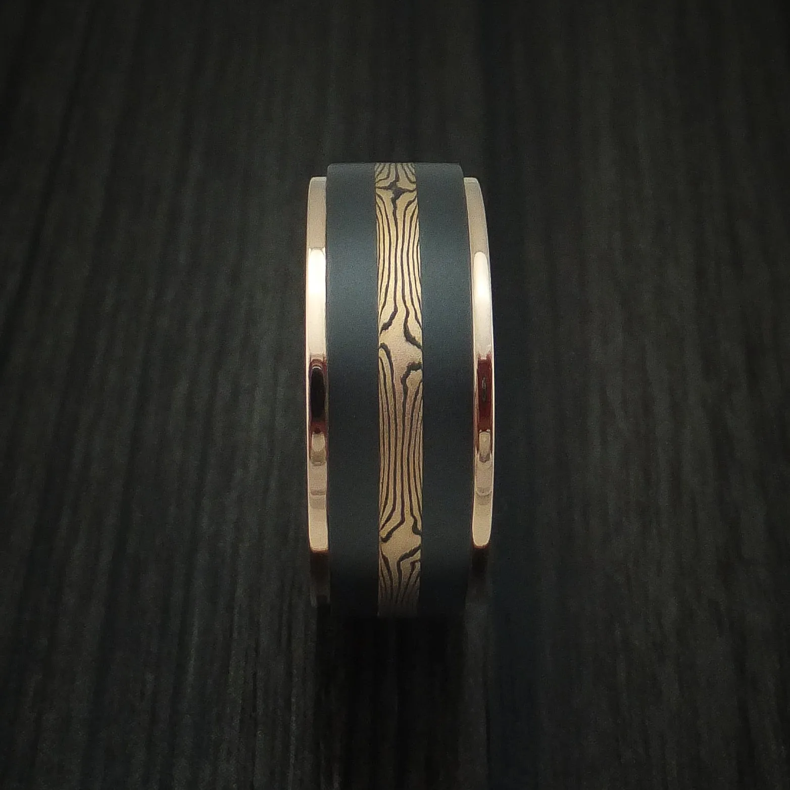 Black Zirconium and Mokume Gane Men's Ring with Gold Edges Custom Made Band