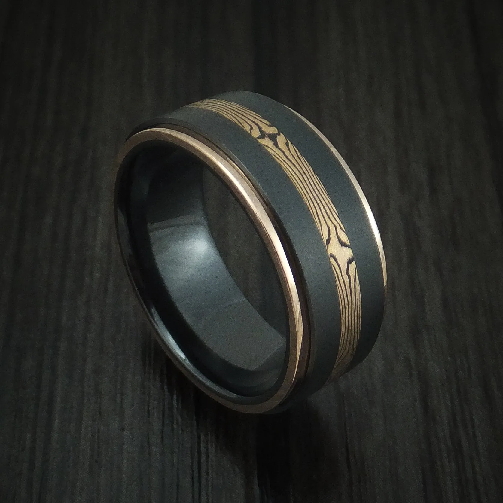 Black Zirconium and Mokume Gane Men's Ring with Gold Edges Custom Made Band