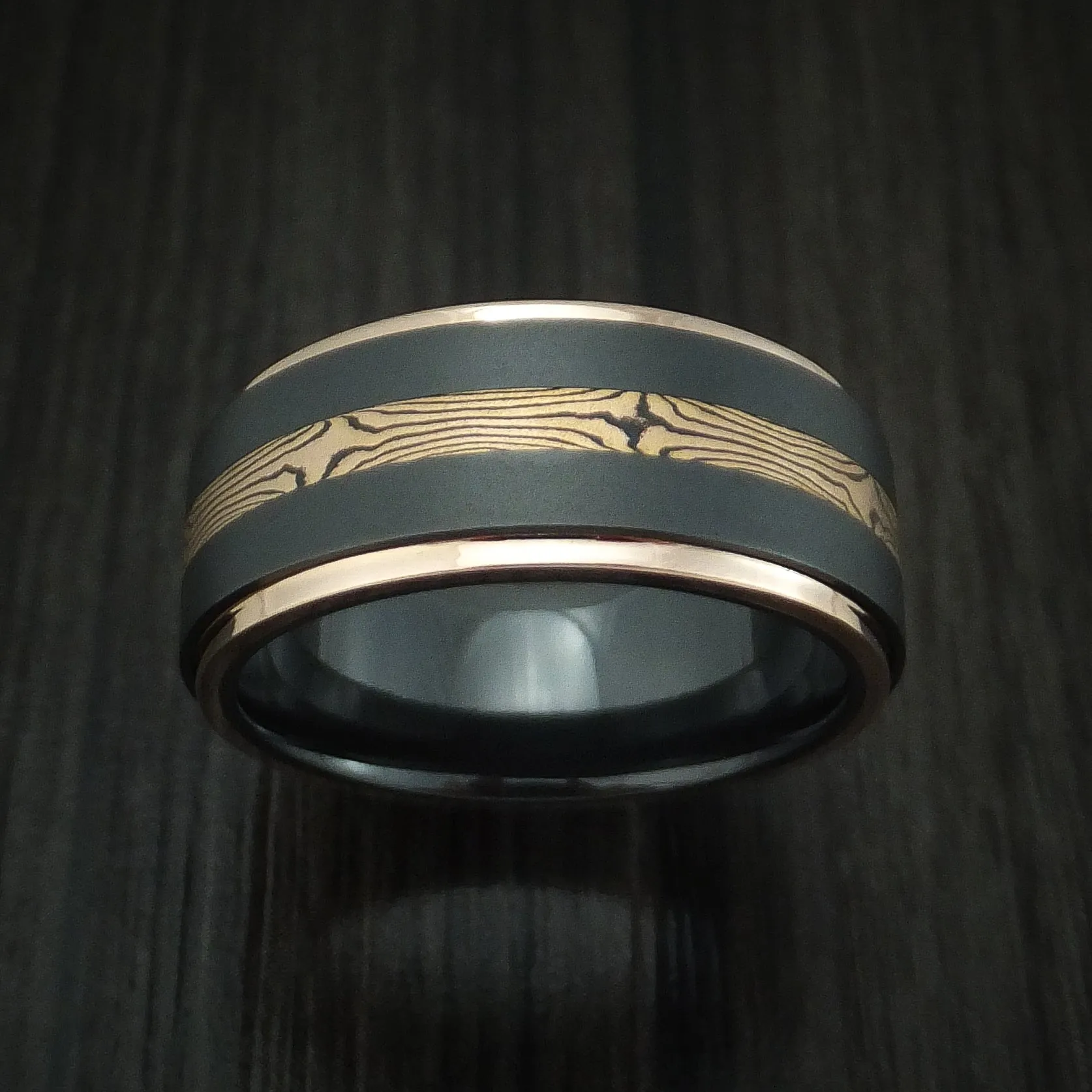 Black Zirconium and Mokume Gane Men's Ring with Gold Edges Custom Made Band