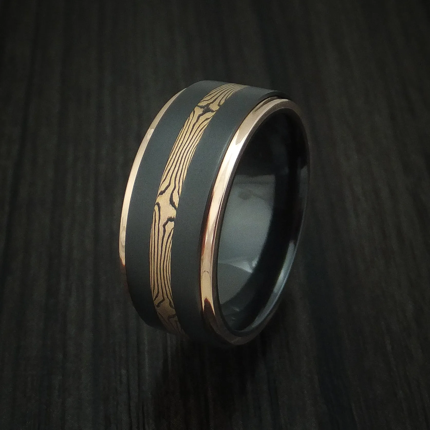 Black Zirconium and Mokume Gane Men's Ring with Gold Edges Custom Made Band