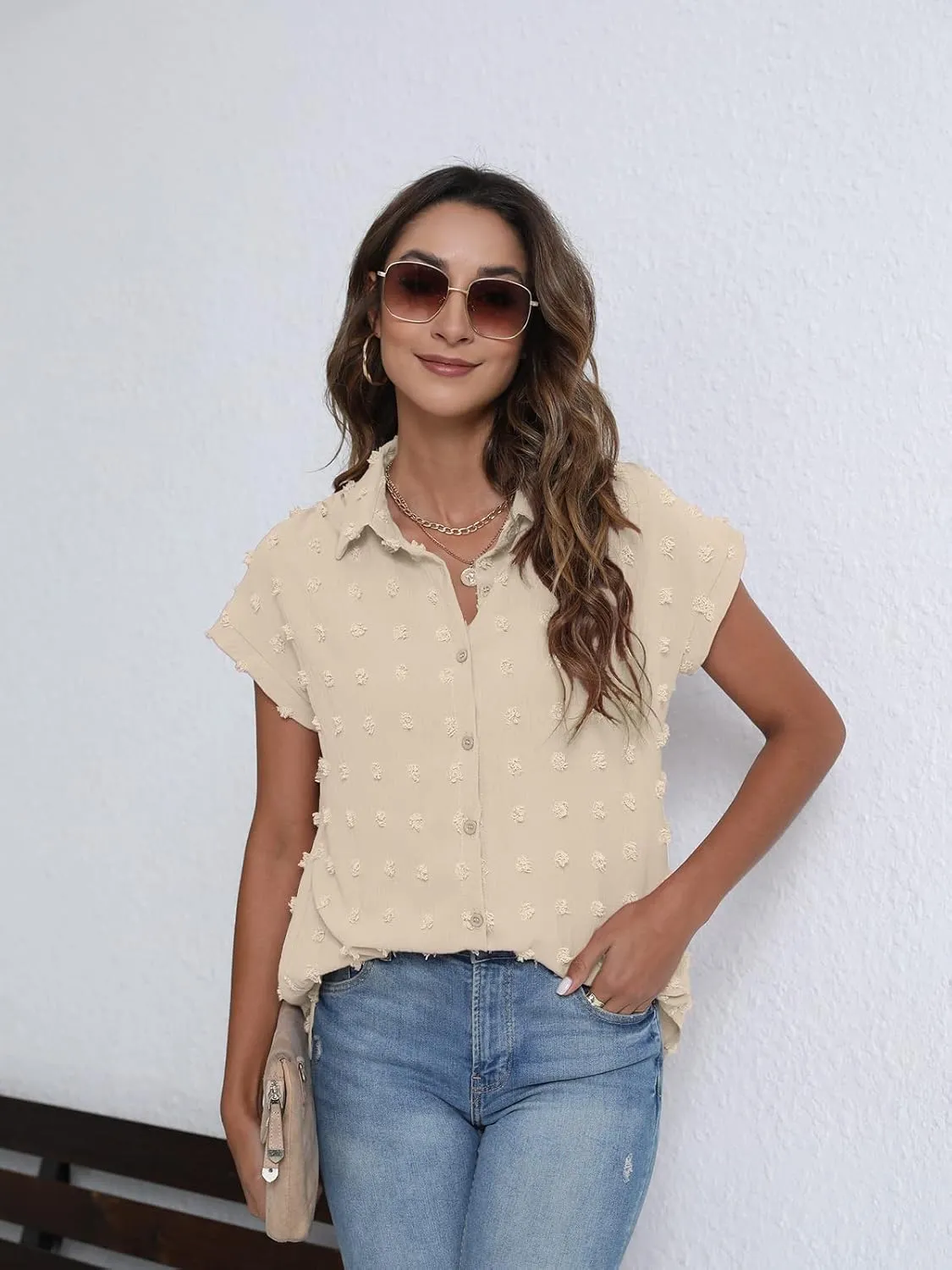 BOTHENIAL Women White Button Down Shirt Dressy Casual Work Tops Chiffon Blouse Summer Short Sleeve Shirts