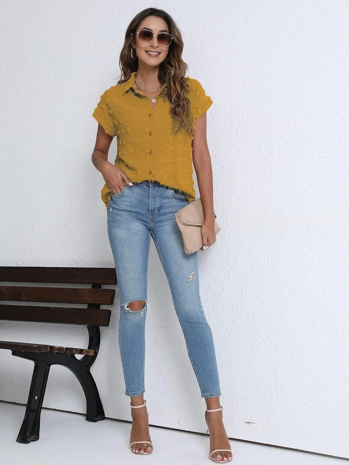 BOTHENIAL Women White Button Down Shirt Dressy Casual Work Tops Chiffon Blouse Summer Short Sleeve Shirts