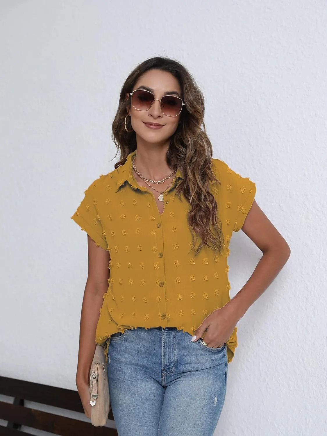 BOTHENIAL Women White Button Down Shirt Dressy Casual Work Tops Chiffon Blouse Summer Short Sleeve Shirts