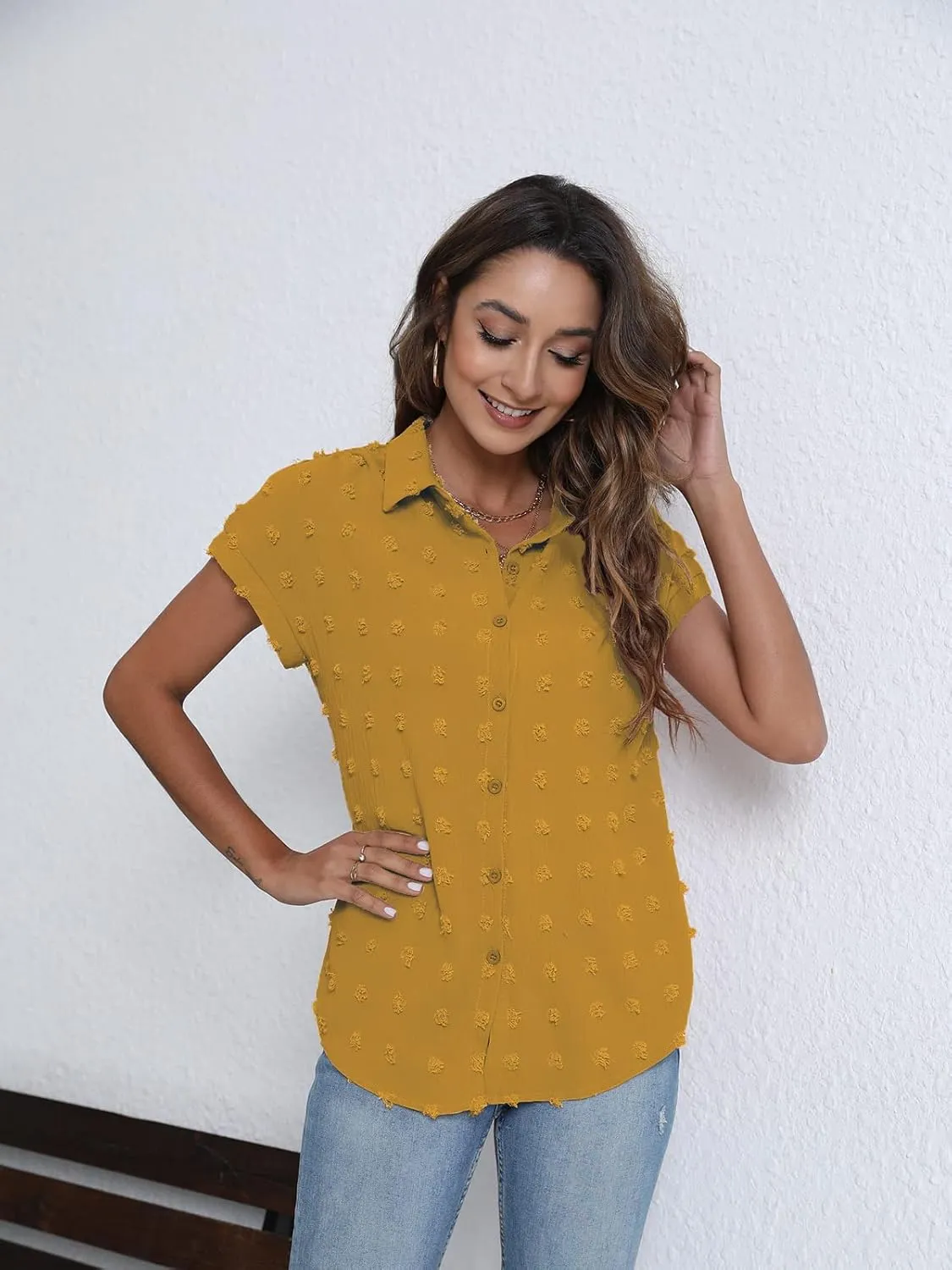 BOTHENIAL Women White Button Down Shirt Dressy Casual Work Tops Chiffon Blouse Summer Short Sleeve Shirts
