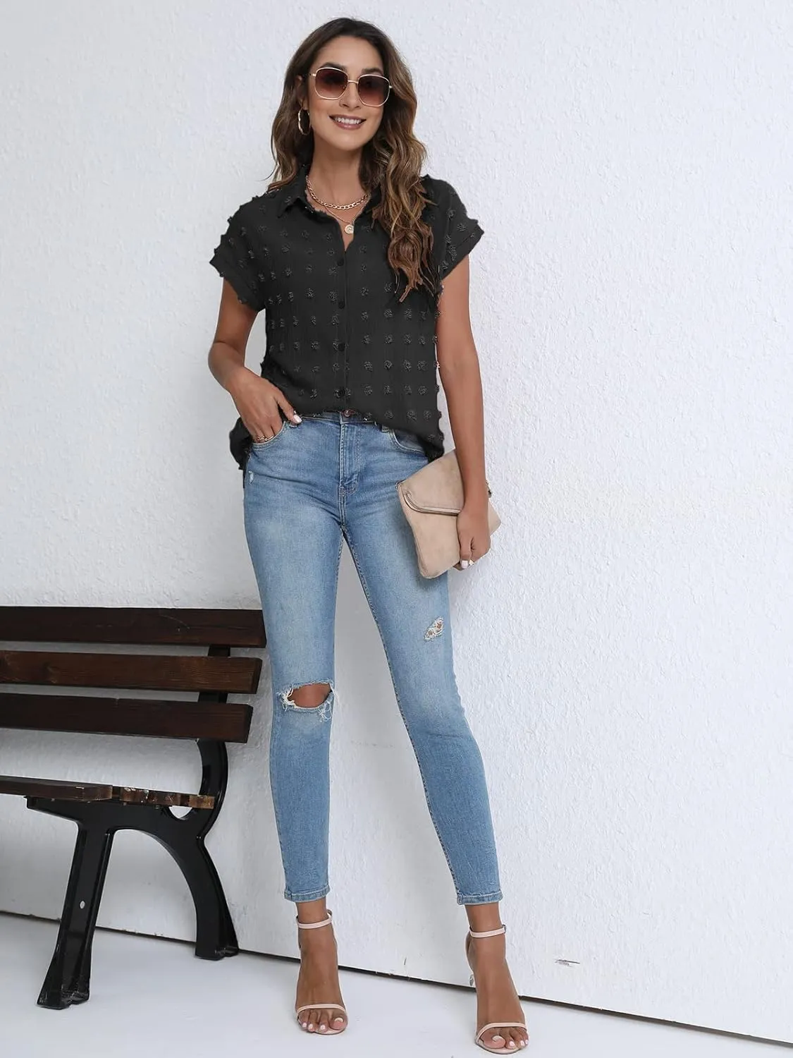 BOTHENIAL Women White Button Down Shirt Dressy Casual Work Tops Chiffon Blouse Summer Short Sleeve Shirts