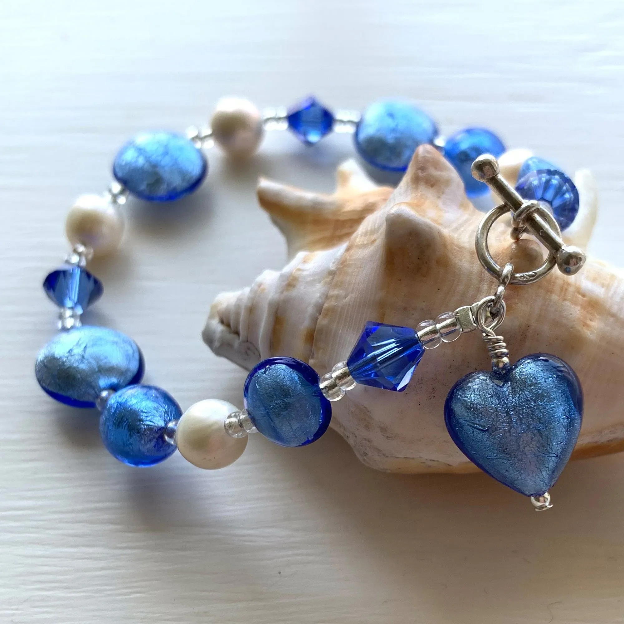 Cornflower Blue Murano Glass Bead Bracelet with Swarovski Crystals, Pearls, and Charm