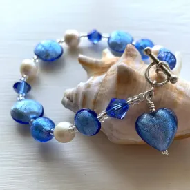 Cornflower Blue Murano Glass Bead Bracelet with Swarovski Crystals, Pearls, and Charm