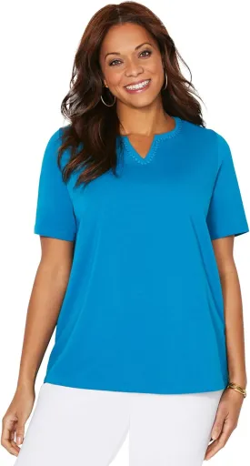 Catherines Women's Plus Size Suprema Embroidered Notch-Neck Tee