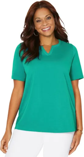 Catherines Women's Plus Size Suprema Embroidered Notch-Neck Tee