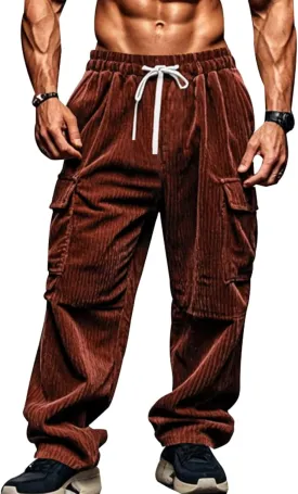 Corduroy Pants Men Vintage Loose Straight Leg Cargo Sweatpants Loose Elastic Waist Track Gym Trendy Trousers Pockets