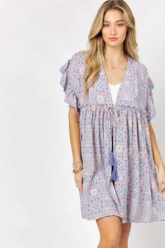 Davi & Dani Printed Short Sleeve Ruffle Kimono