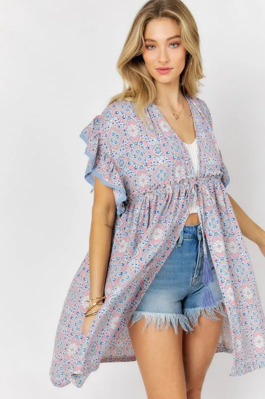 Davi & Dani Printed Short Sleeve Ruffle Kimono